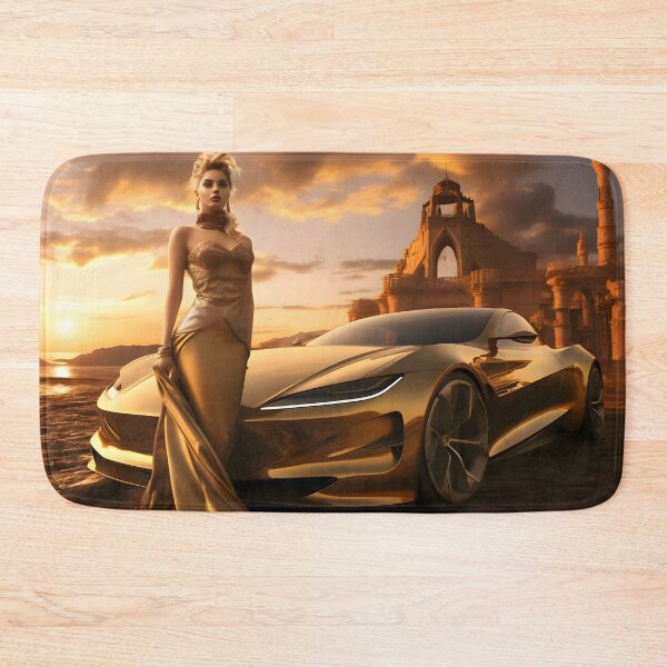 Item preview, A woman in gold standing next to an golden sports car in the style of futuristic fantasy designed and sold by AI-Only Creations.