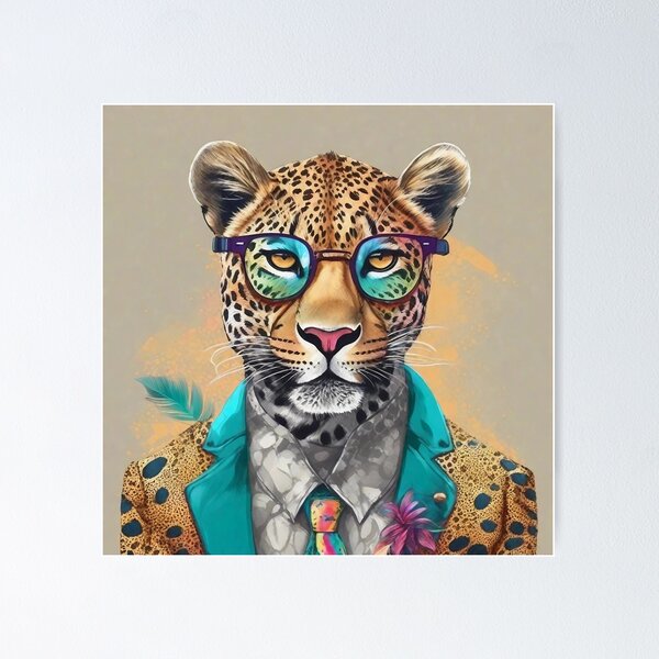 Item preview, Funny Fashionable Leopard Poster Vibrant Home Decor Hand-Drawn style Portrait of Cat in Glasses Colorful Wall Fashion Animal Art Print designed and sold by ButonDesign.