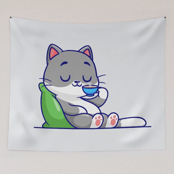Item preview, "Purrfect Break: Cute Cat on Pillow with Coffee Cartoon Vector Icon" designed and sold by hjian8219.