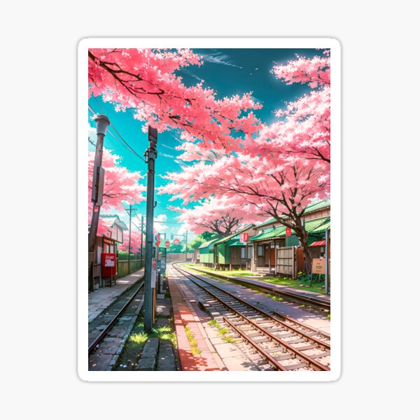 Sakura Japan Train Rail Digital Art Landscape Sticker