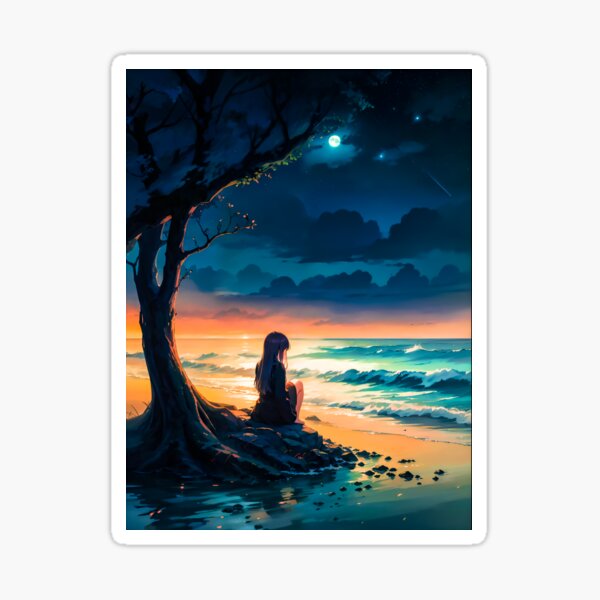 Girl on Night Beach Moonlight Moon Sticker