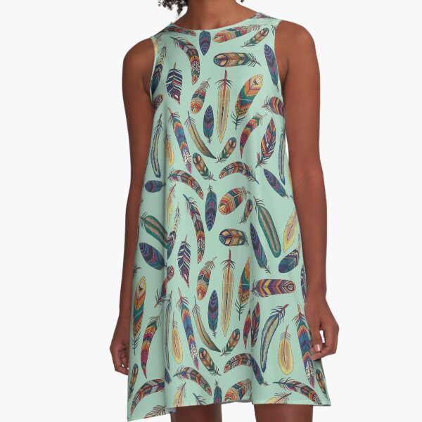 Feathers on Green A-Line Dress