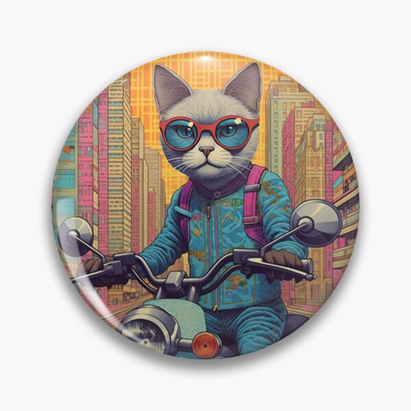Item preview, A Grey Cat riding a Blue Scooter Scooter Pink and Yellow City designed and sold by TheTrendsDesk.