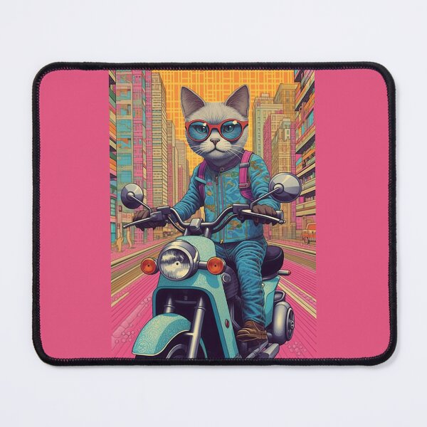 Item preview, A Grey Cat riding a Blue Scooter Scooter Pink and Yellow City designed and sold by TheTrendsDesk.