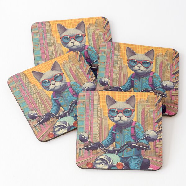 Item preview, A Grey Cat riding a Blue Scooter Scooter Pink and Yellow City designed and sold by TheTrendsDesk.