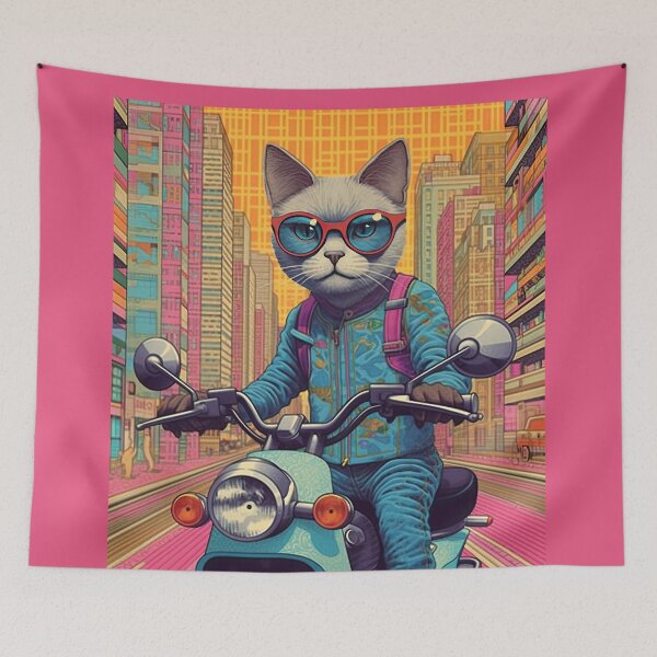 Item preview, A Grey Cat riding a Blue Scooter Scooter Pink and Yellow City designed and sold by TheTrendsDesk.