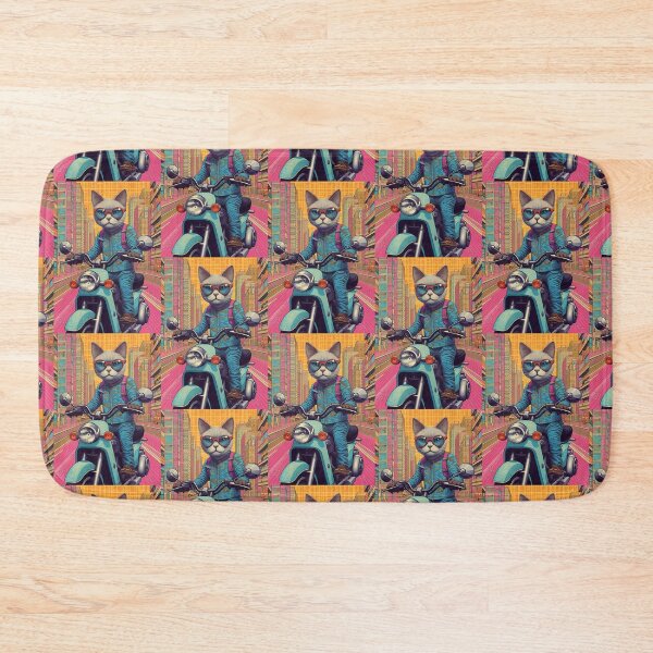 Item preview, A Grey Cat riding a Blue Scooter Scooter Pink and Yellow City designed and sold by TheTrendsDesk.