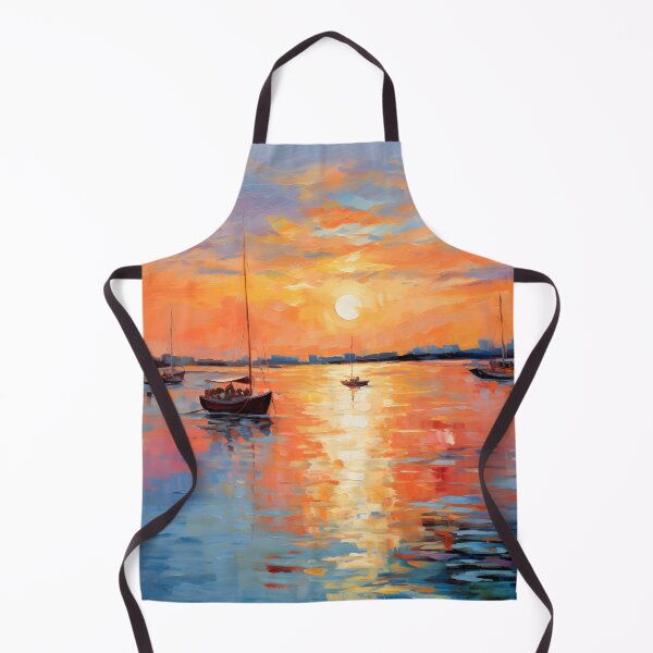 Item preview, Impressionistic Cityscape at Sunset Orange Sky, Blue Waters, and Distant Boats, canvas prints designed and sold by aiartbay.
