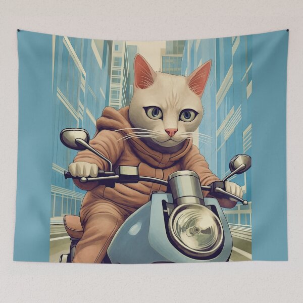 Item preview, A White Cat riding a Blue Scooter Scooter in a Blue City designed and sold by TheTrendsDesk.