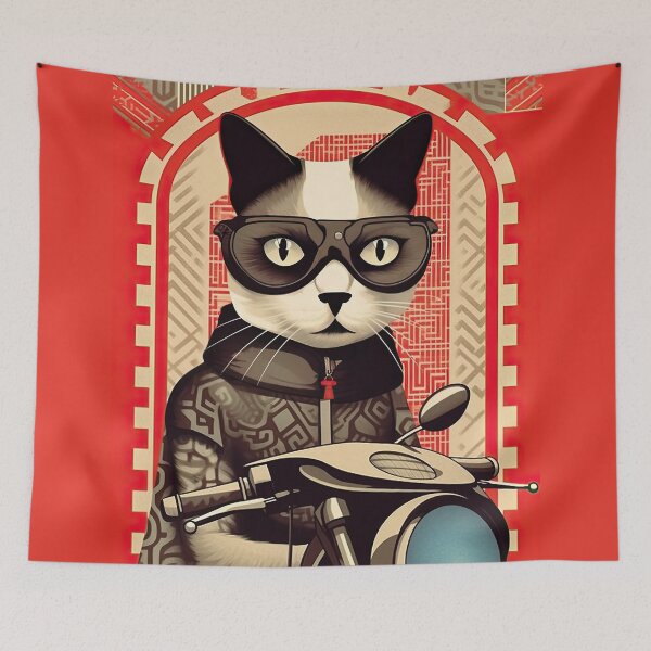 Item preview, A Cat Wearing Black Sitting on a Scooter Set on Red Background designed and sold by TheTrendsDesk.