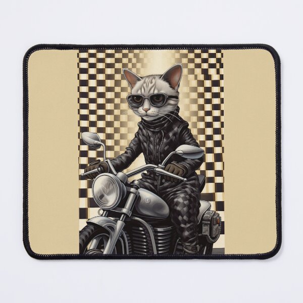 Item preview, A Cat riding a Grey Motorcycle on a checked background designed and sold by TheTrendsDesk.