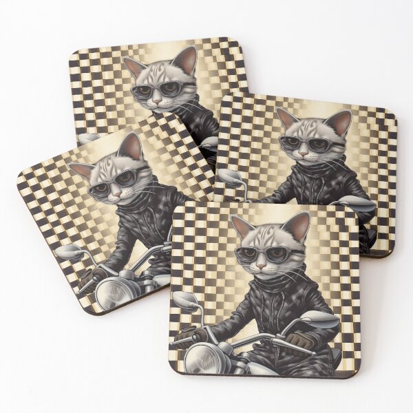 Item preview, A Cat riding a Grey Motorcycle on a checked background designed and sold by TheTrendsDesk.