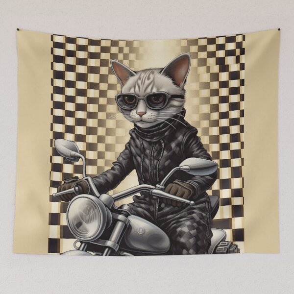Item preview, A Cat riding a Grey Motorcycle on a checked background designed and sold by TheTrendsDesk.