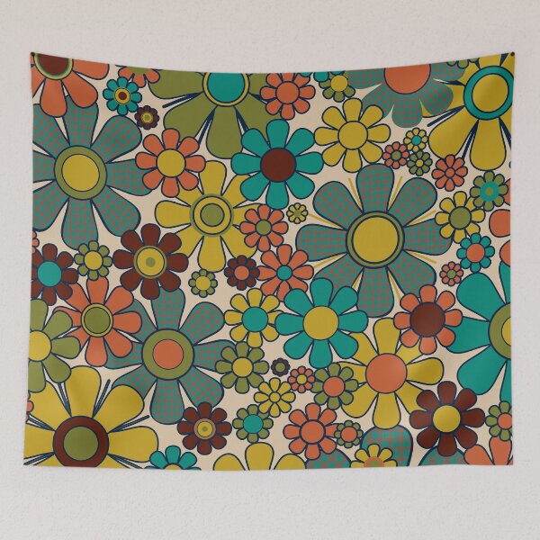 Item preview, Retro Garden Gingham Flowers 70s Floral Pattern in Mid Century Modern Olive Mustard Teal Orange designed and sold by kierkegaard.