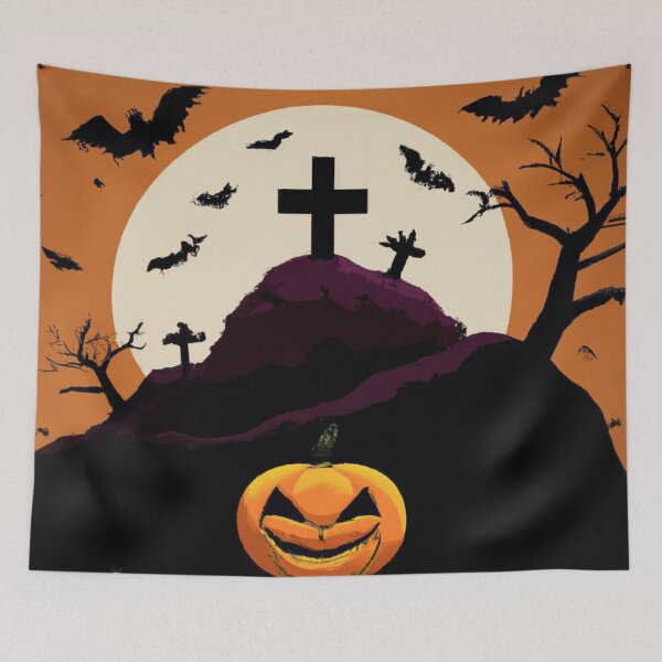 Item preview, Halloween full moon cemetery with bats and pumpkin designed and sold by JackFreestone.