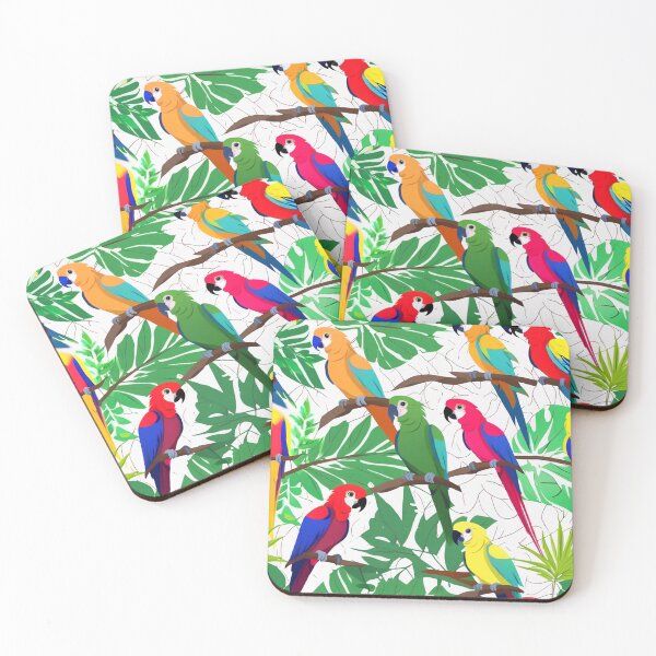 Item preview, parrots colorful perched on branches and leaves designed and sold by PopProArt.