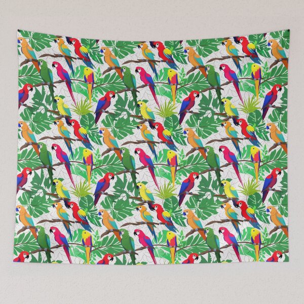 Item preview, parrots colorful perched on branches and leaves designed and sold by PopProArt.