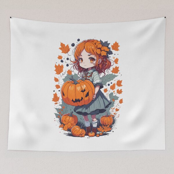 Item preview, Cute Fall girl holding Pumpkin in Autumn leaves designed and sold by LuvleighArt.