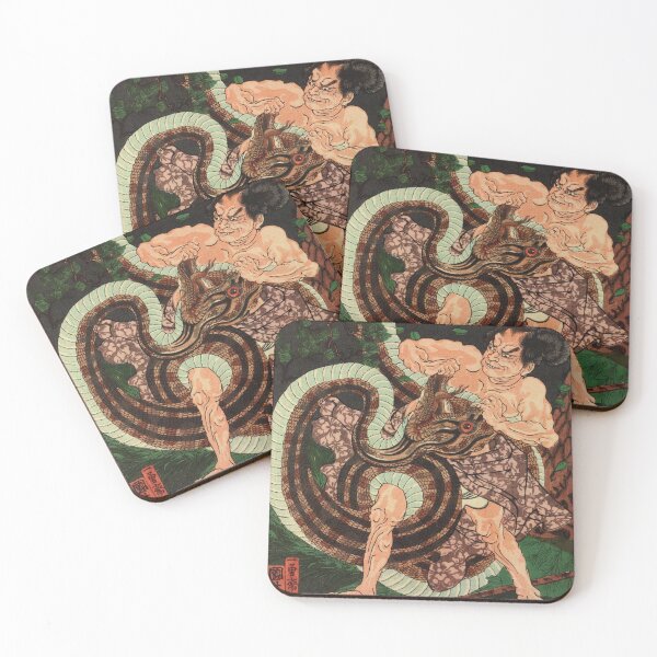 Item preview, Samurai Wrestling With Python - Vintage Japanese Ukiyo-e Woodblock designed and sold by VintageSpaceArt.
