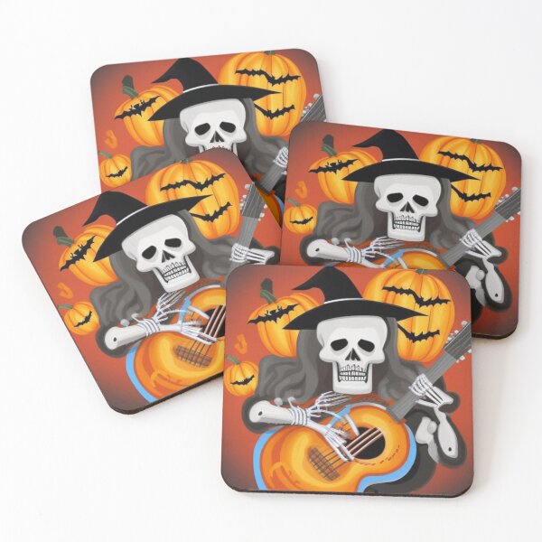 Item preview, Halloween skeleton witch playing guitar with bats designed and sold by JackFreestone.