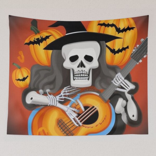 Item preview, Halloween skeleton witch playing guitar with bats designed and sold by JackFreestone.