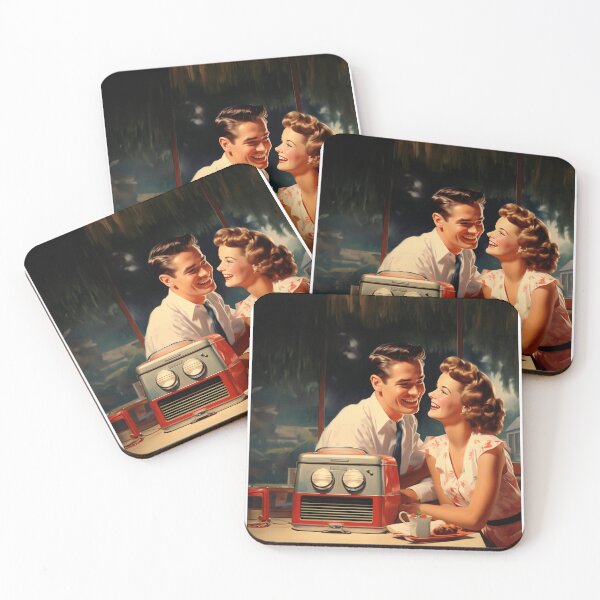 Item preview, Vintage couple from the sixties having dinner with a radio in the table designed and sold by GoldenTimesCafe.