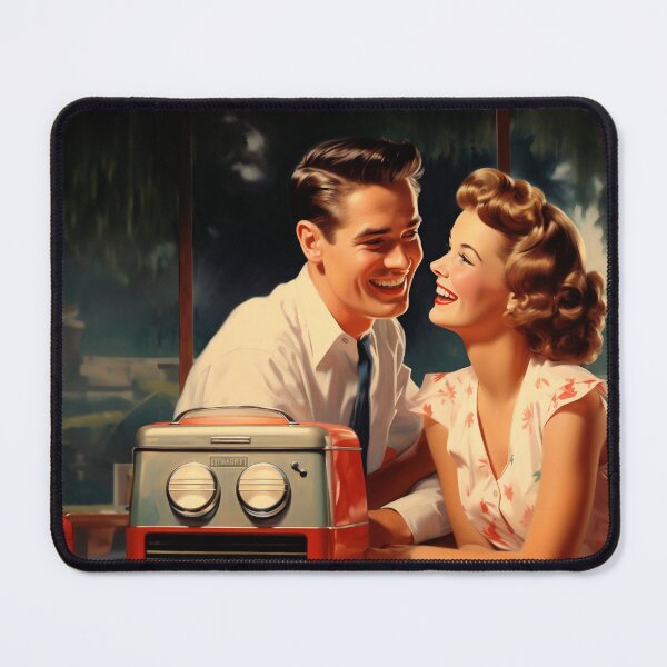 Item preview, Vintage couple from the sixties having dinner with a radio in the table designed and sold by GoldenTimesCafe.