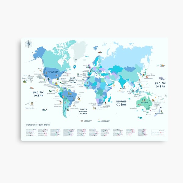 World's Best Surf Breaks - Surfing Map Canvas Print