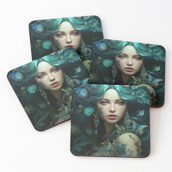 Item preview, Turquoise Reverie: The Ethereal Lady Adorned with Floral and Lepidopteran Elegance designed and sold by oanaunciuleanu.