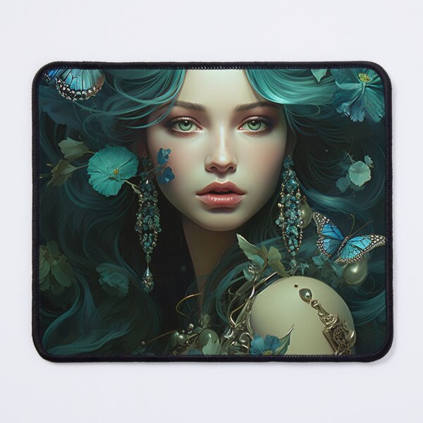 Item preview, Turquoise Reverie: The Ethereal Lady Adorned with Floral and Lepidopteran Elegance designed and sold by oanaunciuleanu.