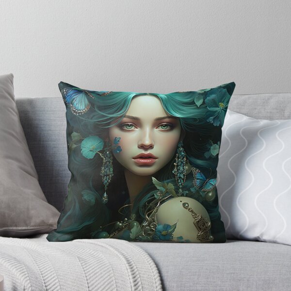 Item preview, Turquoise Reverie: The Ethereal Lady Adorned with Floral and Lepidopteran Elegance designed and sold by oanaunciuleanu.