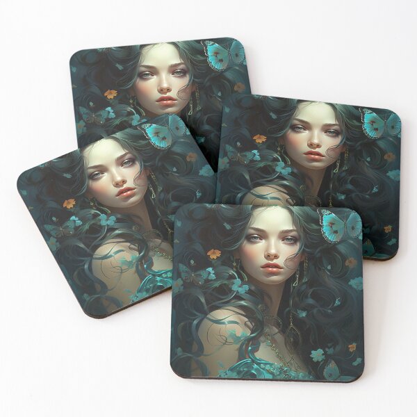 Item preview, Turquoise Reverie: The Ethereal Lady Adorned with Floral and Lepidopteran Elegance designed and sold by oanaunciuleanu.