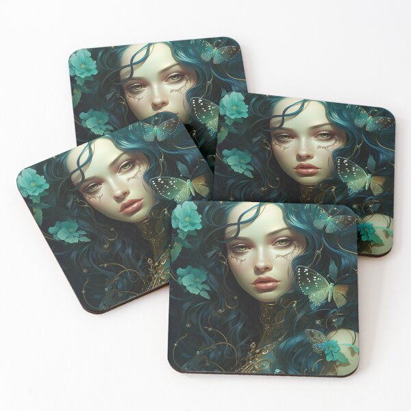Item preview, Turquoise Reverie: The Ethereal Lady Adorned with Floral and Lepidopteran Elegance designed and sold by oanaunciuleanu.