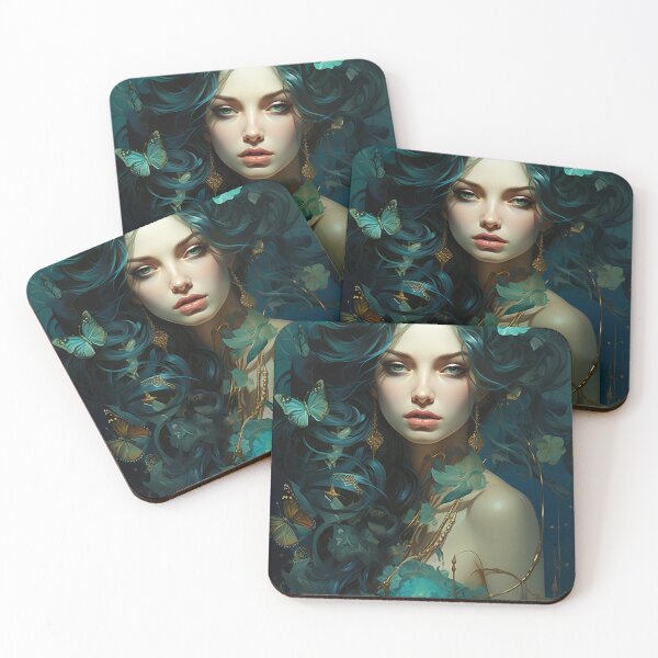 Item preview, Turquoise Reverie: The Ethereal Lady Adorned with Floral and Lepidopteran Elegance designed and sold by oanaunciuleanu.