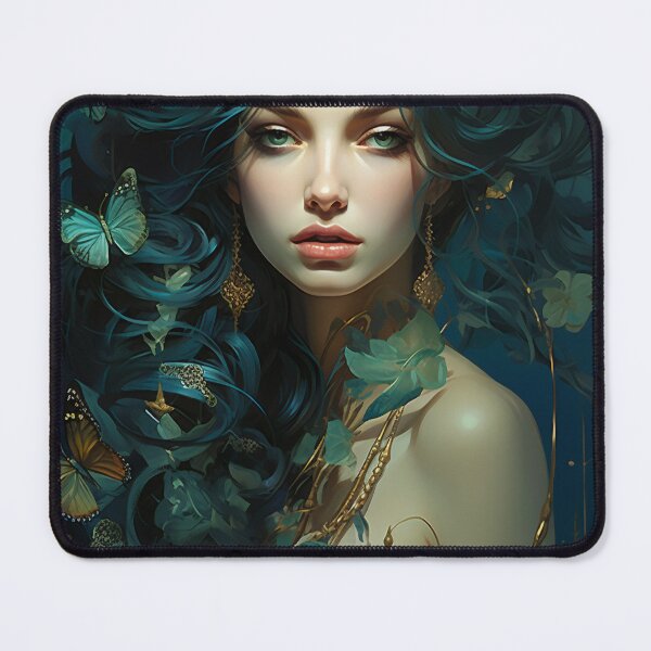 Item preview, Turquoise Reverie: The Ethereal Lady Adorned with Floral and Lepidopteran Elegance designed and sold by oanaunciuleanu.