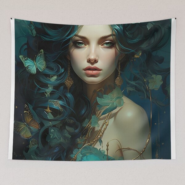 Item preview, Turquoise Reverie: The Ethereal Lady Adorned with Floral and Lepidopteran Elegance designed and sold by oanaunciuleanu.