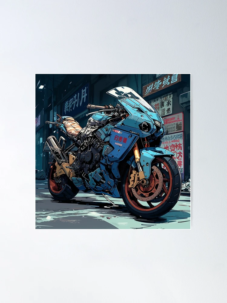 スプレーアート作品『Cyber City』A3サイズ原画 Cyberpunk Futuristic Blue Motorbike on Tokyo Streets
