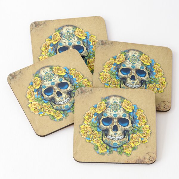 Item preview, Day of the Dead Skull with Yellow and Blue Flowers designed and sold by LaRoach Digital Arts.