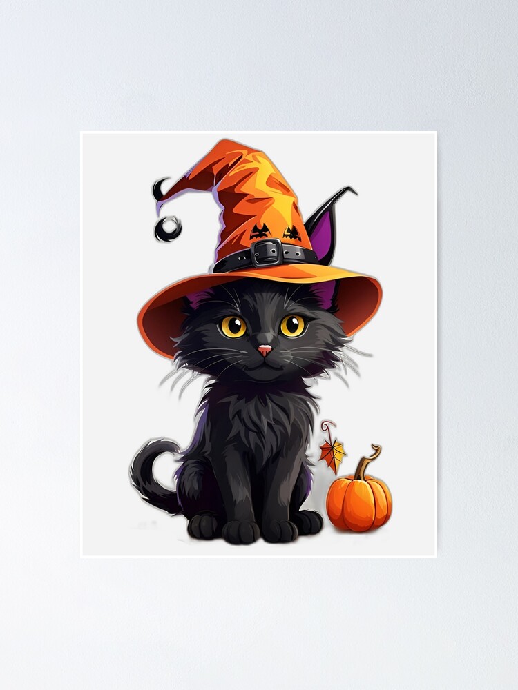 Halloween black cat with a magical orange hat like a witch