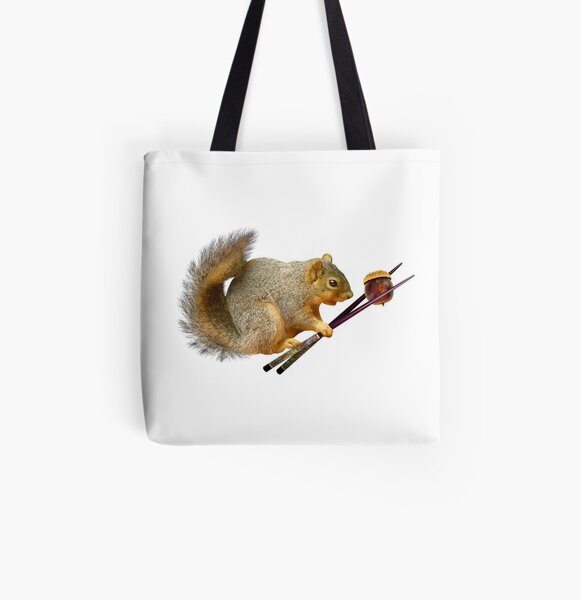 Squirrel with Acorn in Chopsticks All Over Print Tote Bag