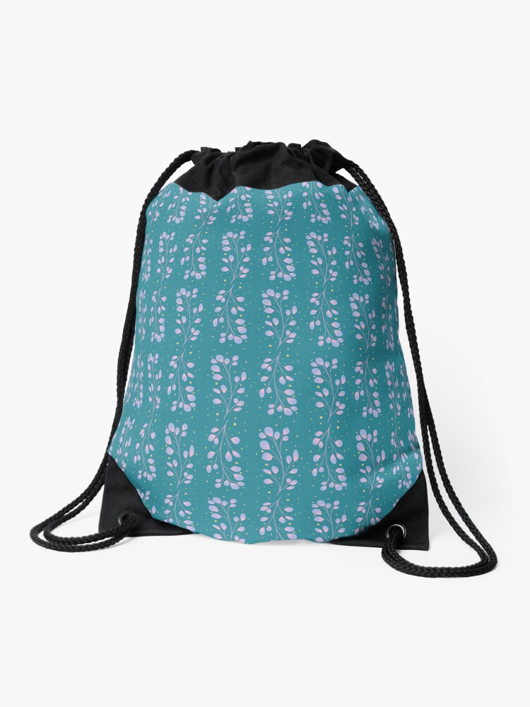 Thumbnail 1 of 3, Drawstring Bag, Minimalistic teal and purple floral pattern designed and sold by StructuralBlue.