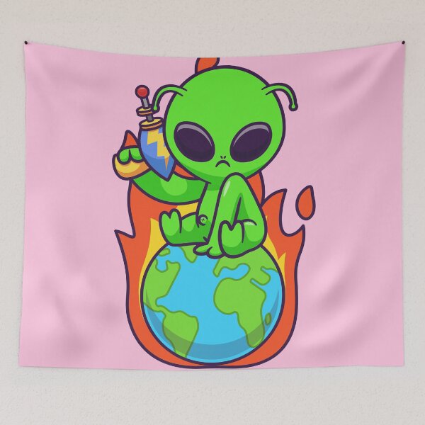 Item preview, Cosmic Conqueror: Cute Alien with Space Gun Aiming at Earth in Cartoon Vector Icon" designed and sold by hjian8219.