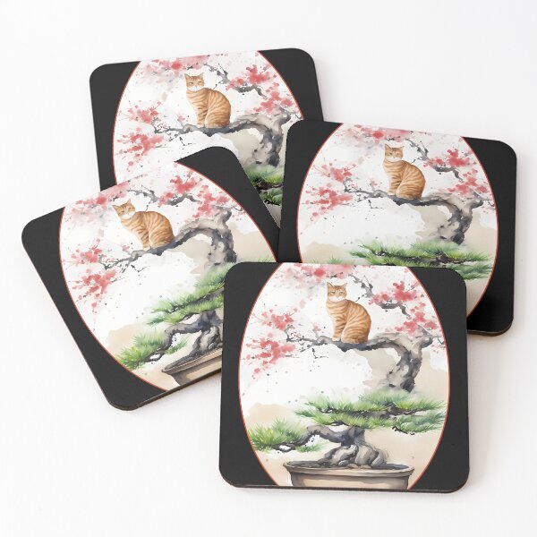 Item preview, Cat bonsai - Whimsical Bonsai Cat Illustration - Oval Frame with Red Border designed and sold by Mechanical-Artt.