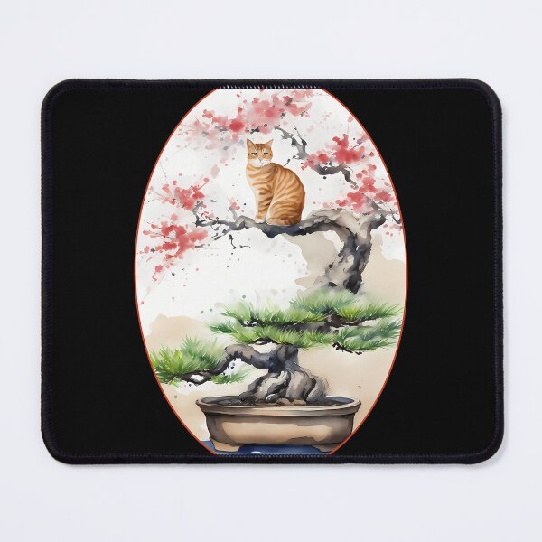 Item preview, Cat bonsai - Whimsical Bonsai Cat Illustration - Oval Frame with Red Border designed and sold by Mechanical-Artt.