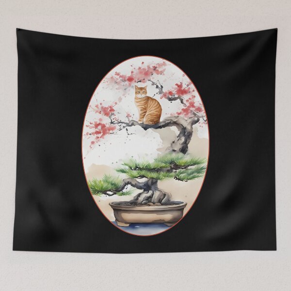 Item preview, Cat bonsai - Whimsical Bonsai Cat Illustration - Oval Frame with Red Border designed and sold by Mechanical-Artt.