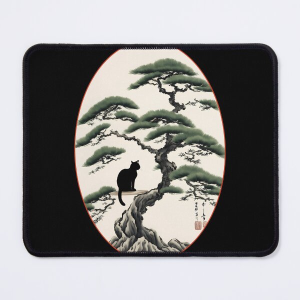 Item preview, Cat bonsai - Zen Feline in Bonsai Tree Art - Oval Frame with Red Border designed and sold by Mechanical-Artt.