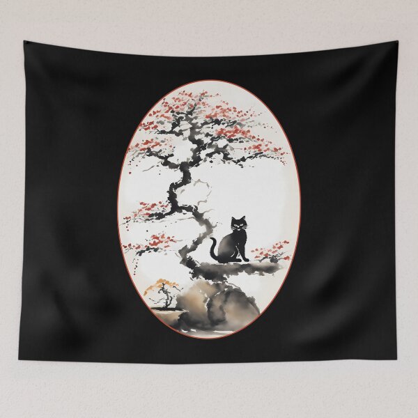 Item preview, Cat bonsai - Kitty in Tranquil Bonsai Garden - Oval Frame with Red Border designed and sold by Mechanical-Artt.