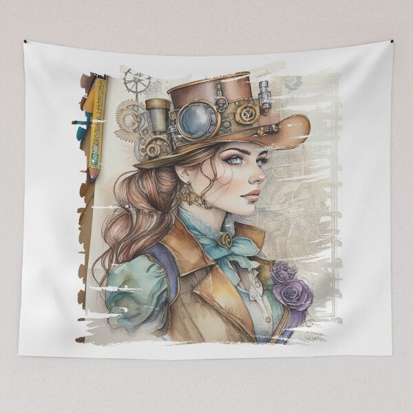 Item preview, Vintage steampunk girl with a beautiful face, watercolor art style mixed with colored pencils. designed and sold by Natcharee.