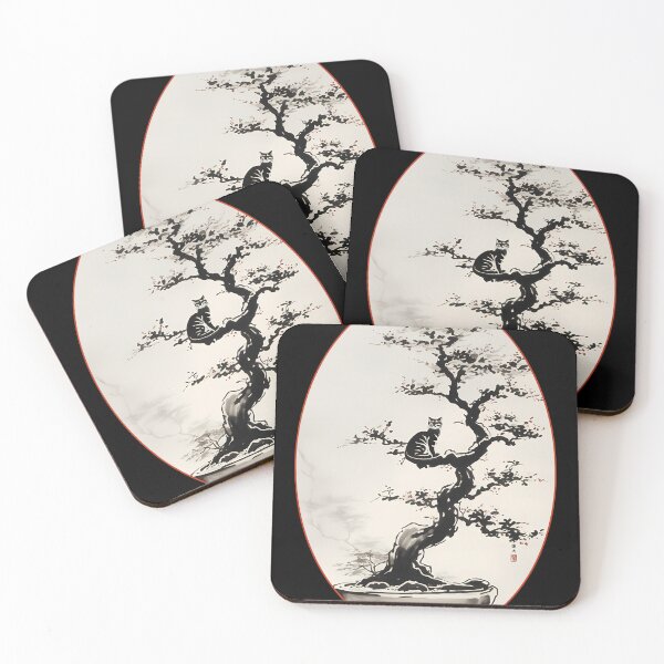 Item preview, Cat bonsai - Bonsai Cat Watercolor Painting - Oval Frame with Red Border designed and sold by Mechanical-Artt.