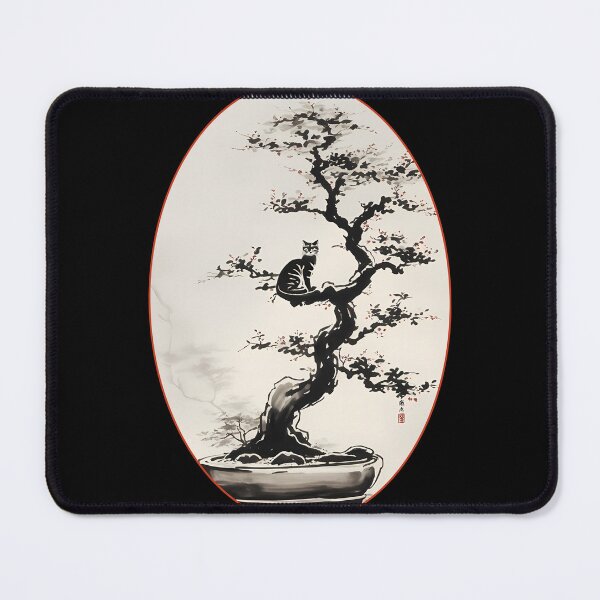 Item preview, Cat bonsai - Bonsai Cat Watercolor Painting - Oval Frame with Red Border designed and sold by Mechanical-Artt.
